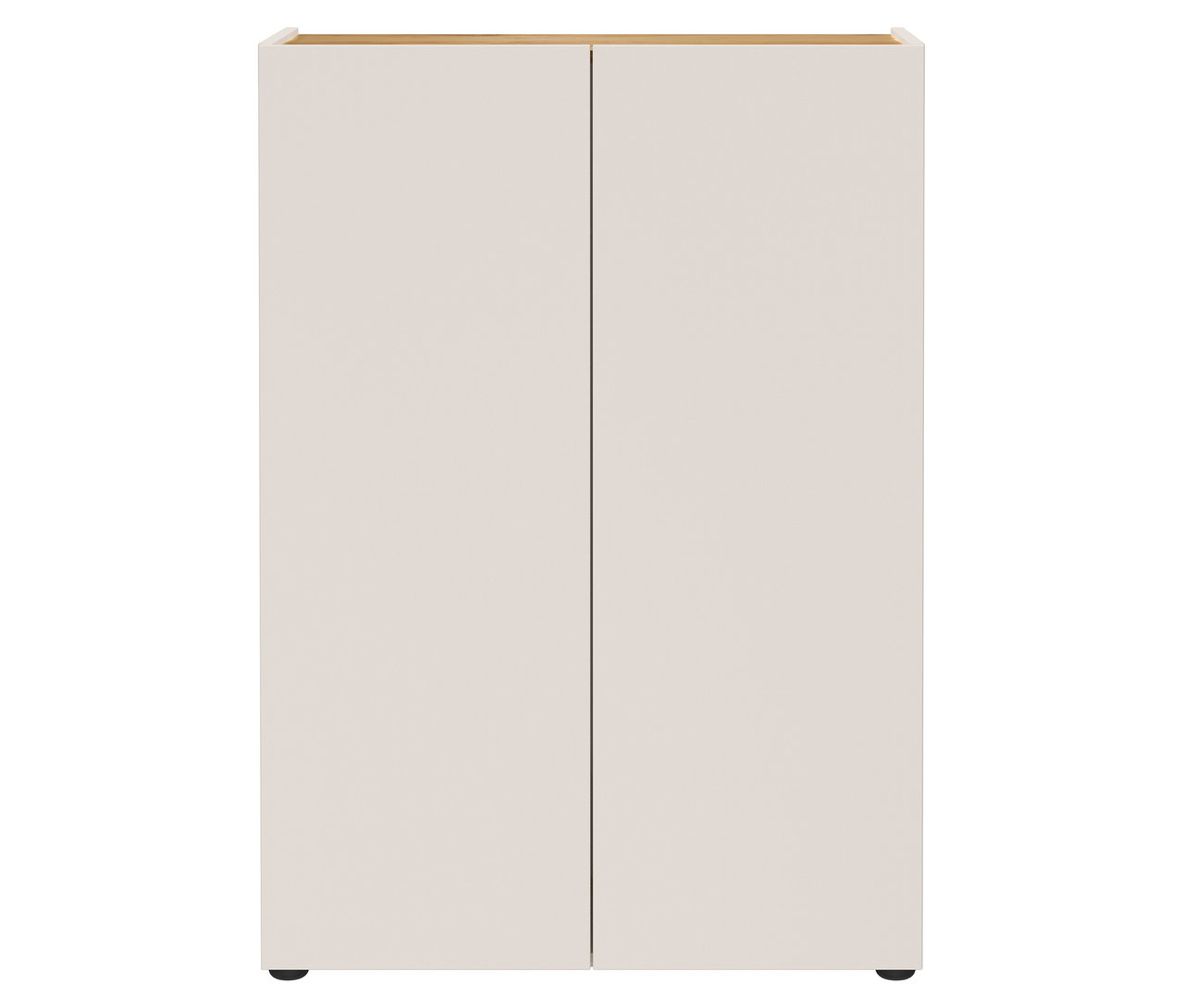 Ein beiger Schrank mit zwei Türen und einer hellbraunen Oberseite steht auf kleinen schwarzen Füßen.