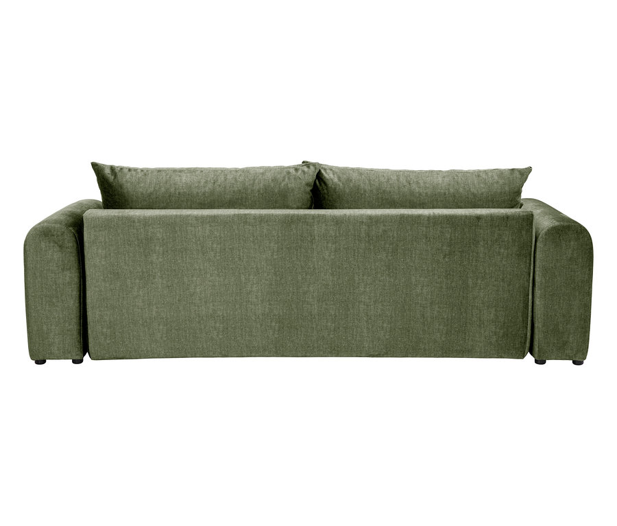 Rückansicht eines grünen Sofas mit zwei Kissen.