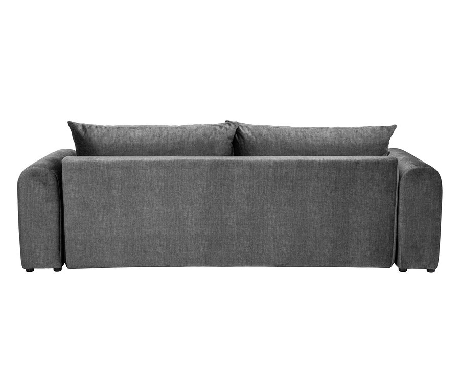 Rückansicht eines grauen Sofas mit zwei Kissen.