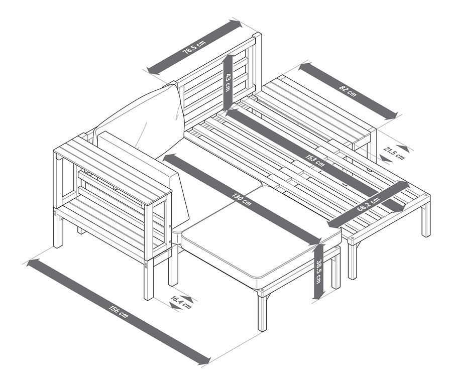 Abbildung eines Gartensofas mit separat ausziehbaren Fußlehnen und Maßangaben.