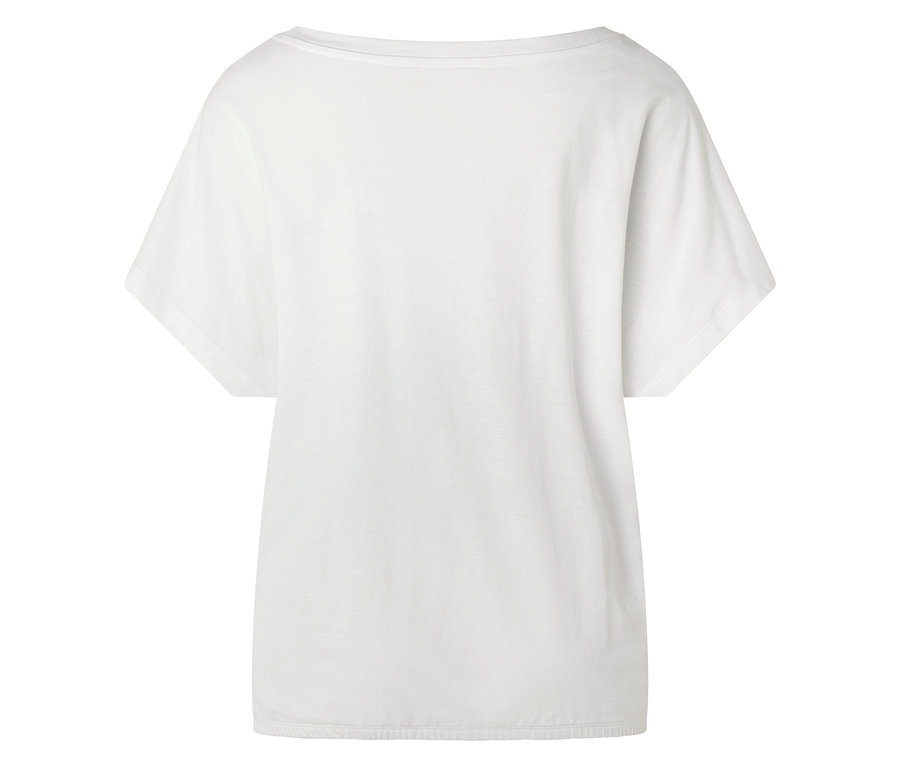 Rückansicht eines weißen T-Shirts mit kurzen Ärmeln und Rundhalsausschnitt.