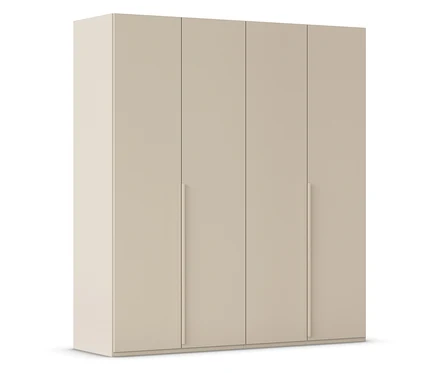 Beiger Kleiderschrank mit vier Türen und langen, schmalen Griffen.