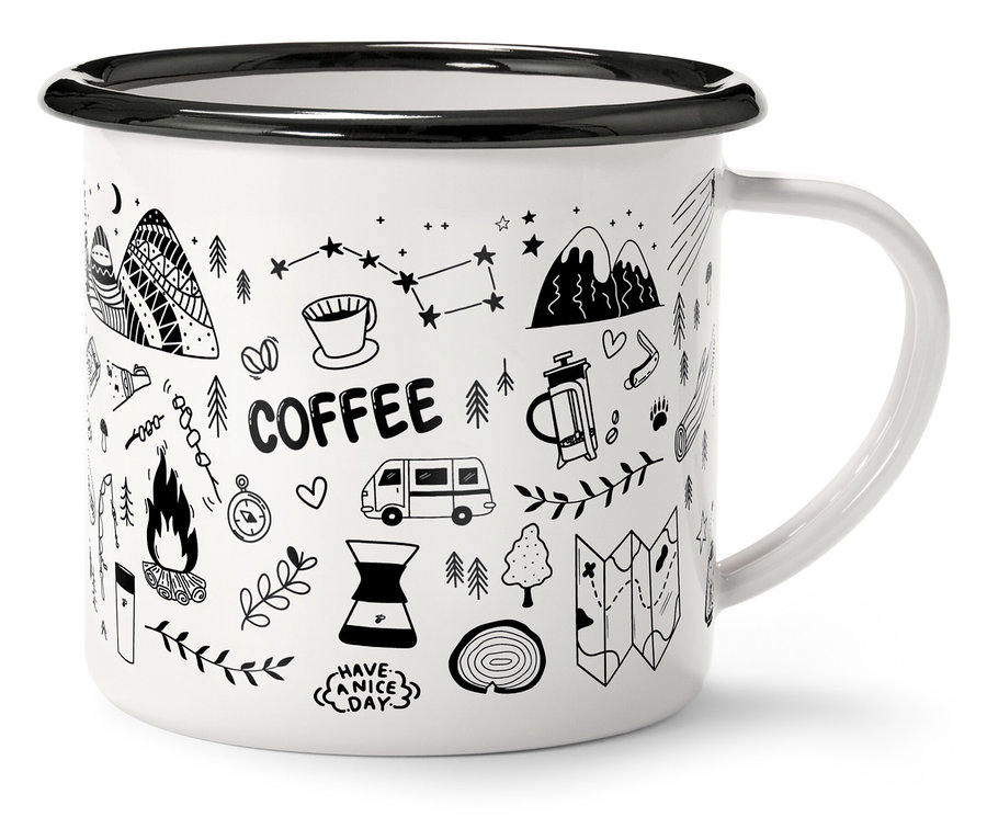 Weiße Tasse mit schwarzem Rand und Henkel, verziert mit schwarzen Outdoor-Motiven und dem Wort "Coffee".