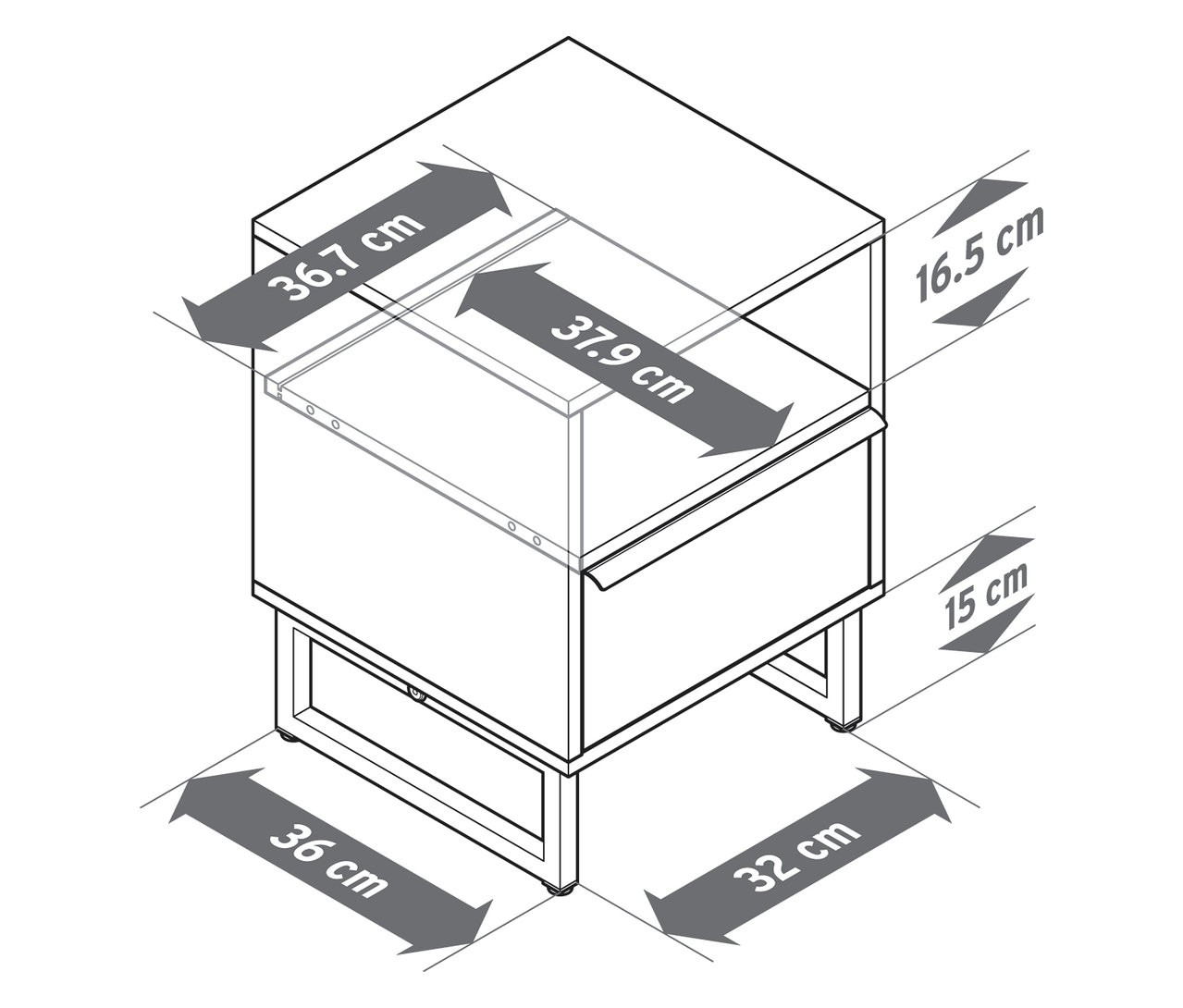 Draufsicht auf die Konstruktionszeichnung eines Nachttisches »LEEG« mit einer Schublade, versehen mit Maßangaben.