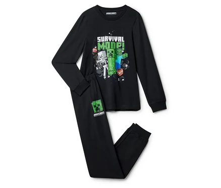 Schwarzer Minecraft-Schlafanzug mit der Aufschrift "Survival Mode!" und Creeper-, Zombie- und Skelett-Grafiken.