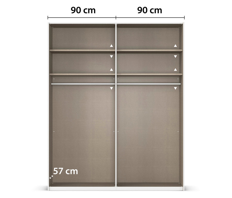 Draufsicht auf einen Schrank mit zwei Schiebetüren, drei Regalen und einer Kleiderstange. Die Maße sind 90 cm breit und 57 cm tief.