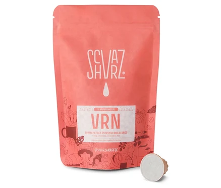 Eine Packung Schvarz VRN Espresso - 10 Kapseln und eine einzelne Kapsel sind zu sehen.