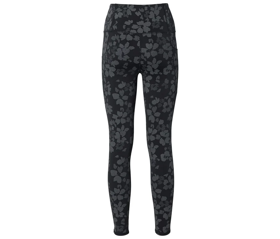 Schwarze Leggings mit grauem Blumenmuster, von hinten fotografiert.