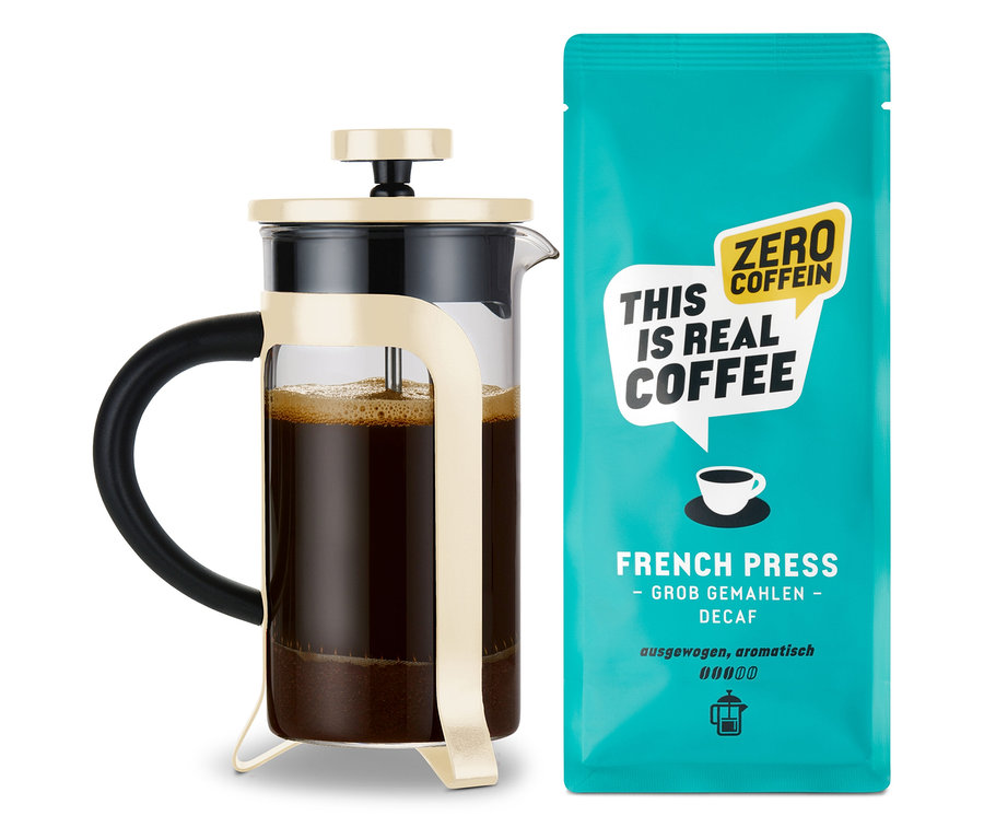 Kaffee-Geschenkset "French Press - Decaf„ – 1x 200 g Filterkaffee entkoffeiniert Gemahlen und Siebstempelkanne