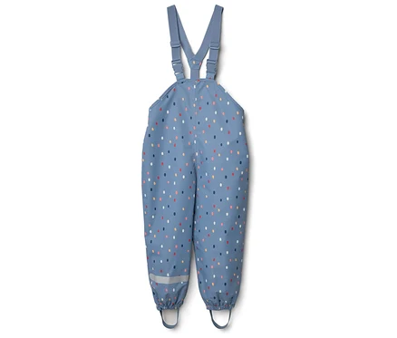 Blaue Kinder-Regenhose, gepunktet, mit verstellbaren Trägern und Reflektorstreifen an den Beinenden.