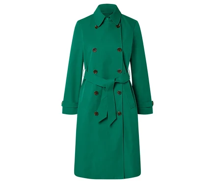 Grüner zweireihiger Trenchcoat mit Gürtel.