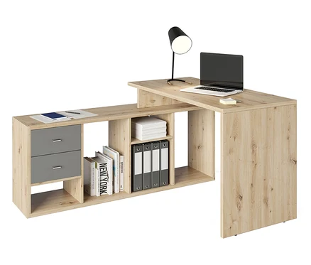 Ein Eckschreibtisch mit Regalen, Schubladen, einem Laptop, einer Lampe und Bürobedarf.