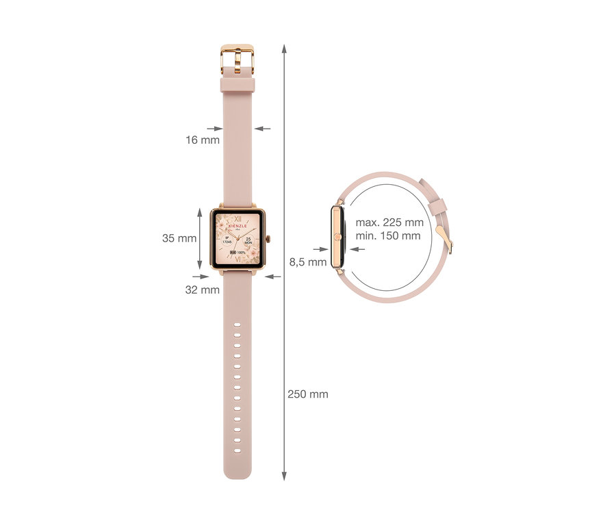 Eine roségoldfarbene Kienzle Uhr »Smart Slim« mit quadratischem Zifferblatt und hellrosa Armband, mit Maßen: 35x32 mm Zifferblatt, 8,5 mm Dicke, 16 mm Armbandbreite, 250 mm Gesamtlänge und 150-225 mm Handgelenkumfang.