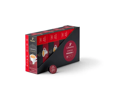 Eine Packung Cafissimo Espresso kräftig - 120 Kapseln in einer schwarzen Verpackung mit roten Details.