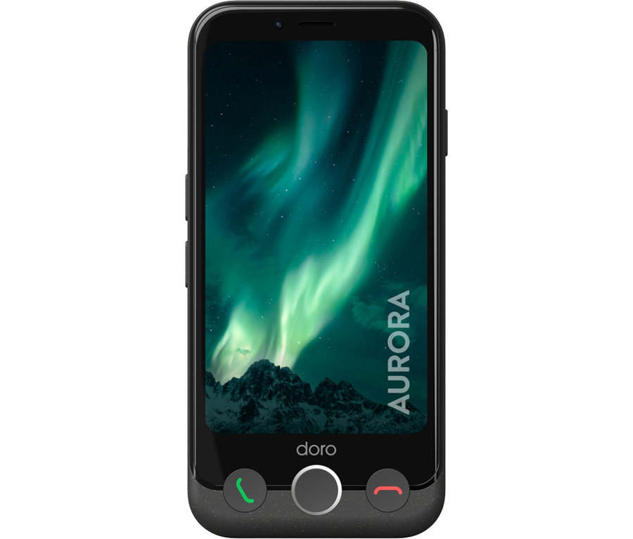 Frontansicht eines Doro Aurora A10 64 GB Mobiltelefons in Graphit, das auf dem Bildschirm ein Polarlicht zeigt.