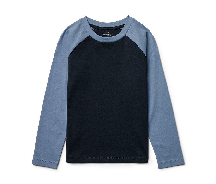 Blaues Langarmshirt mit schwarzem Korpus.
