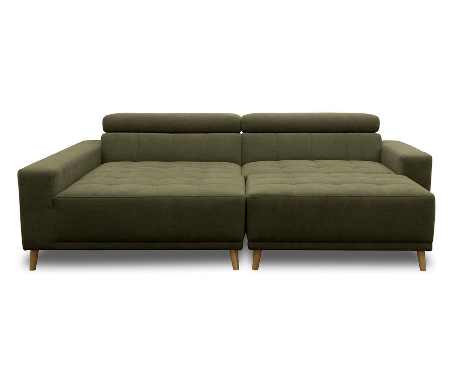 Dunkelgrünes zweiteiliges Ecksofa mit getufteten Sitzen, verstellbaren Kopfstützen und hellen Holzbeinen.