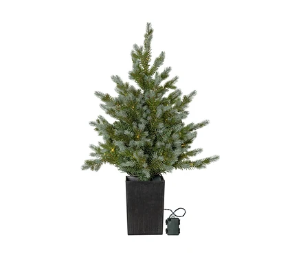 LED-Weihnachtsbaum »Greyland« mit grünen Nadeln und warmweißen Lichtern in einem dunklen Topf.