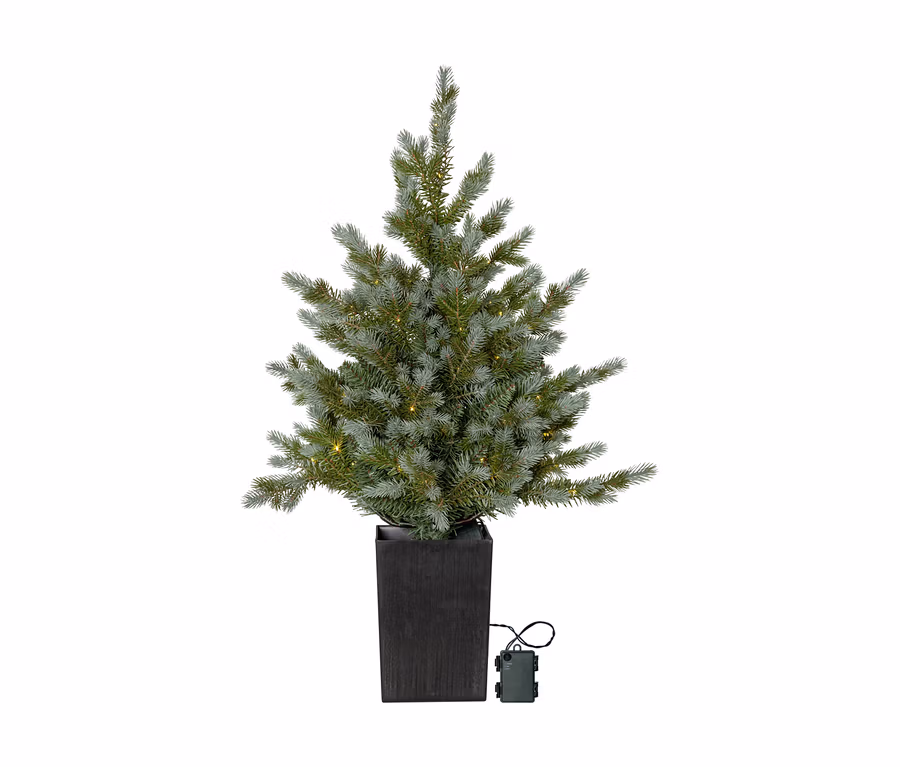 LED-Weihnachtsbaum »Greyland« mit grünen Nadeln und warmweißen Lichtern in einem dunklen Topf.