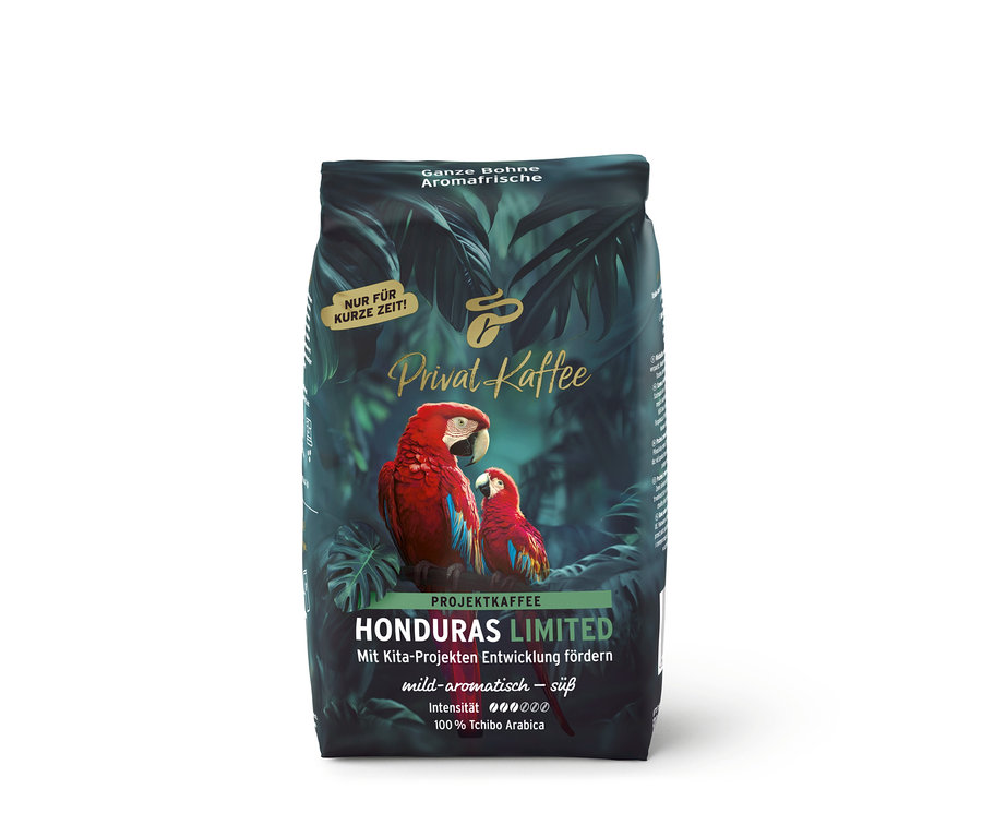 Dunkelgrüne Kaffeepackung Privat Kaffee Limited Edition Honduras mit tropischem Design und zwei roten Aras.