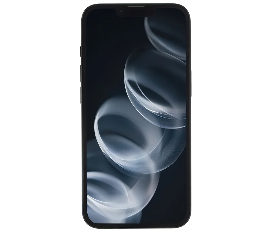 Detailansicht eines schwarzen Mobiltelefons mit einem abstrakten Muster auf dem Bildschirm. Das Apple iPhone 16e 128 GB ist in Schwarz dargestellt.