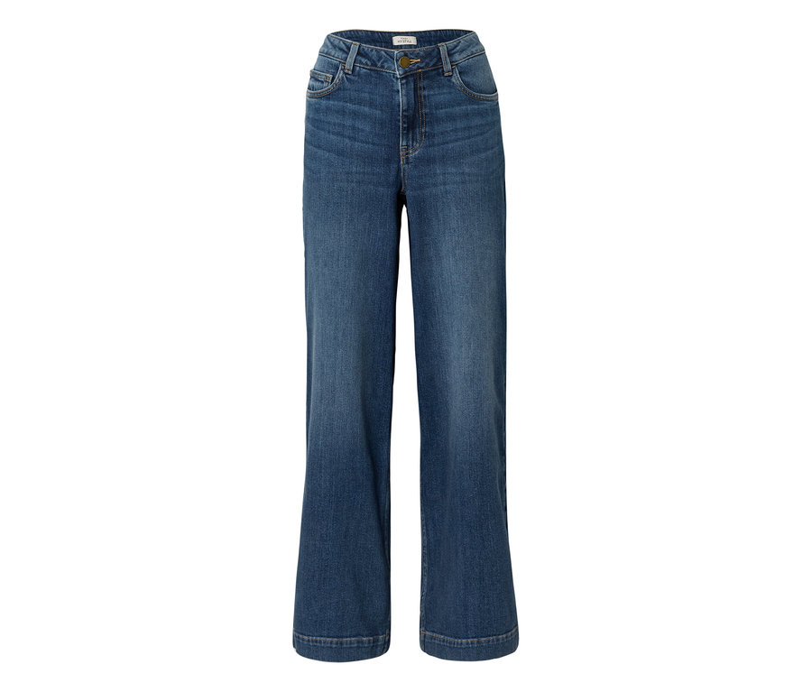 Blaue High-Waist Jeans mit weitem Bein, Knopf- und Reißverschluss sowie Vordertaschen.