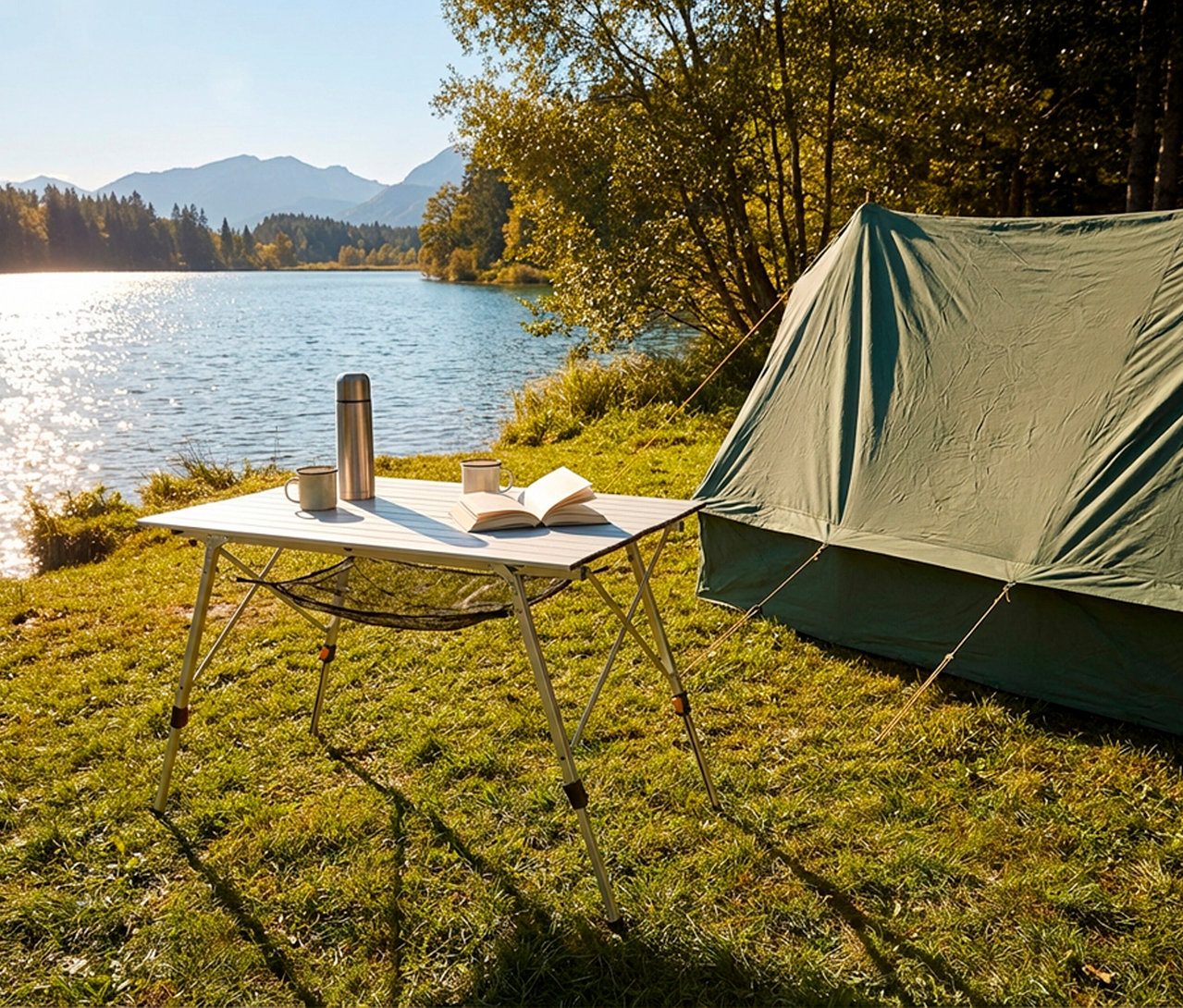 Ein grünes Zelt und ein Faltbarer Campingtisch mit Thermoskanne, zwei Tassen und einem offenen Buch stehen auf Gras an einem See mit Bergen im Hintergrund.