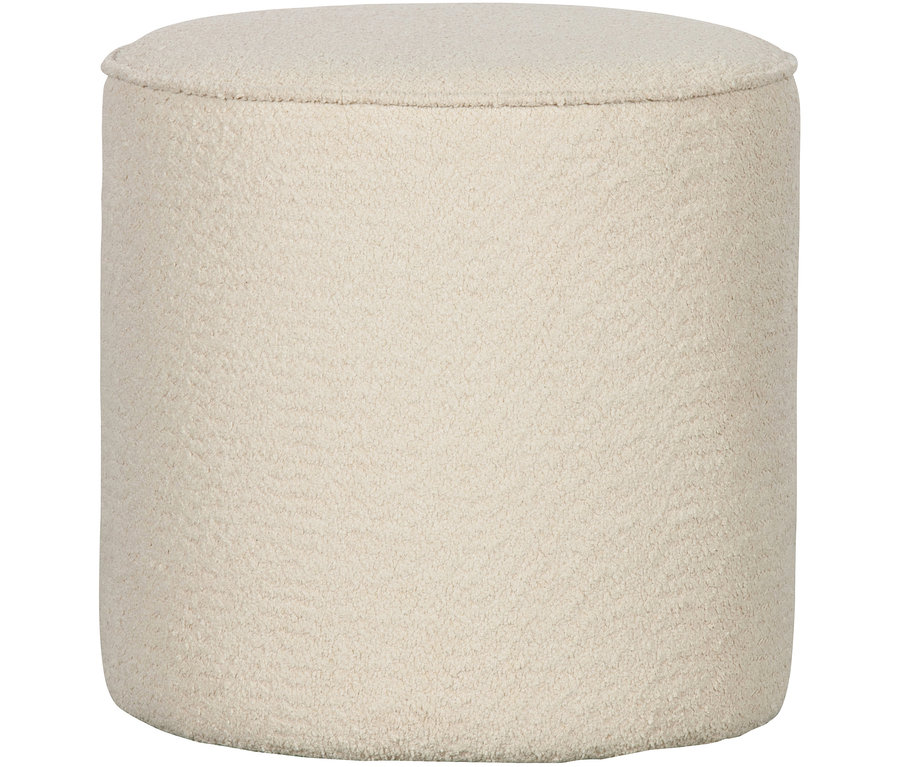 Cremefarbener zylindrischer Hocker mit strukturiertem Stoff.