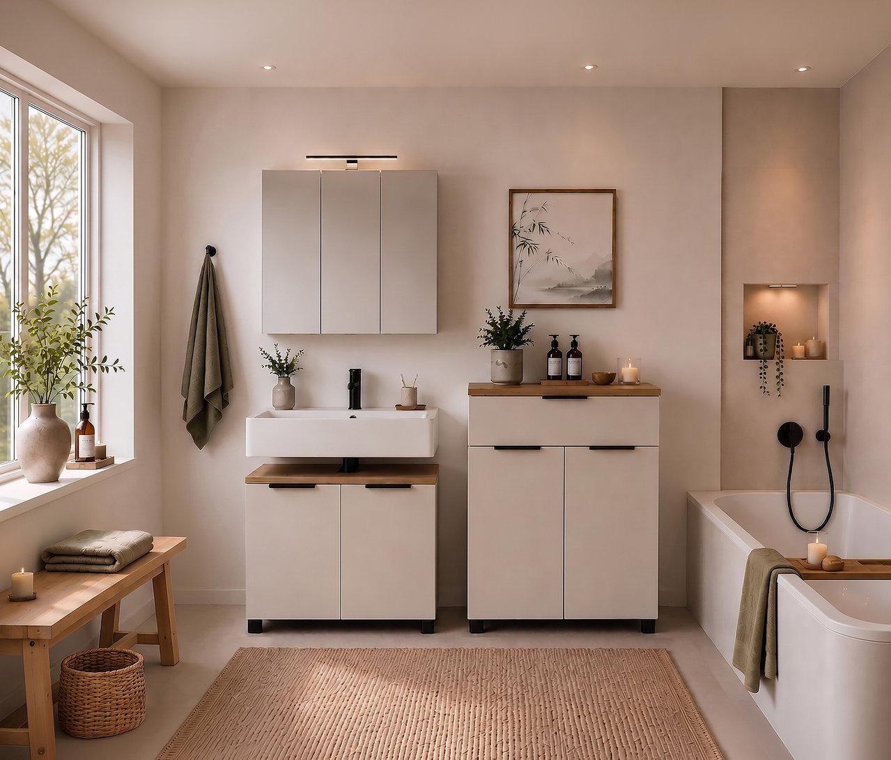 Modernes Badezimmer mit hellem Spiegelschrank »Saga« über einem Waschbecken, einem passenden Unterschrank und einem weiteren Schrank mit Holzarbeitsplatte. Eine Badewanne und eine Holzbank mit Handtüchern ergänzen den Raum.