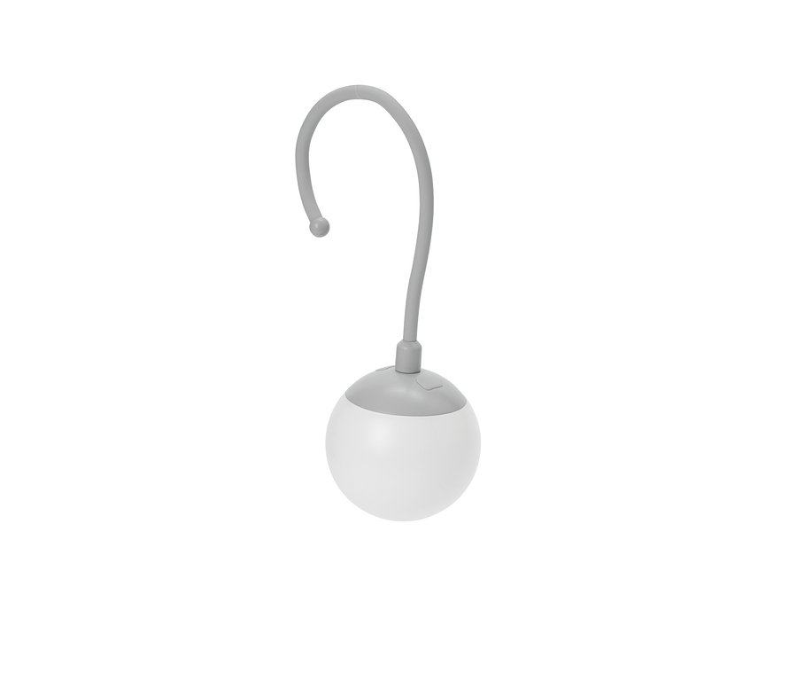 Eine graue Lampe mit einem runden, weißen Lampenschirm.