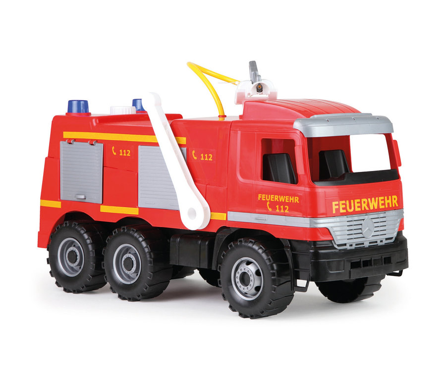 Rotes GIGA TRUCKS Feuerwehr »Actros« Spielzeug-Feuerwehrauto mit blauen Lichtern, weißer Leiter, gelbem Schlauch und Aufschrift "FEUERWEHR", "112".