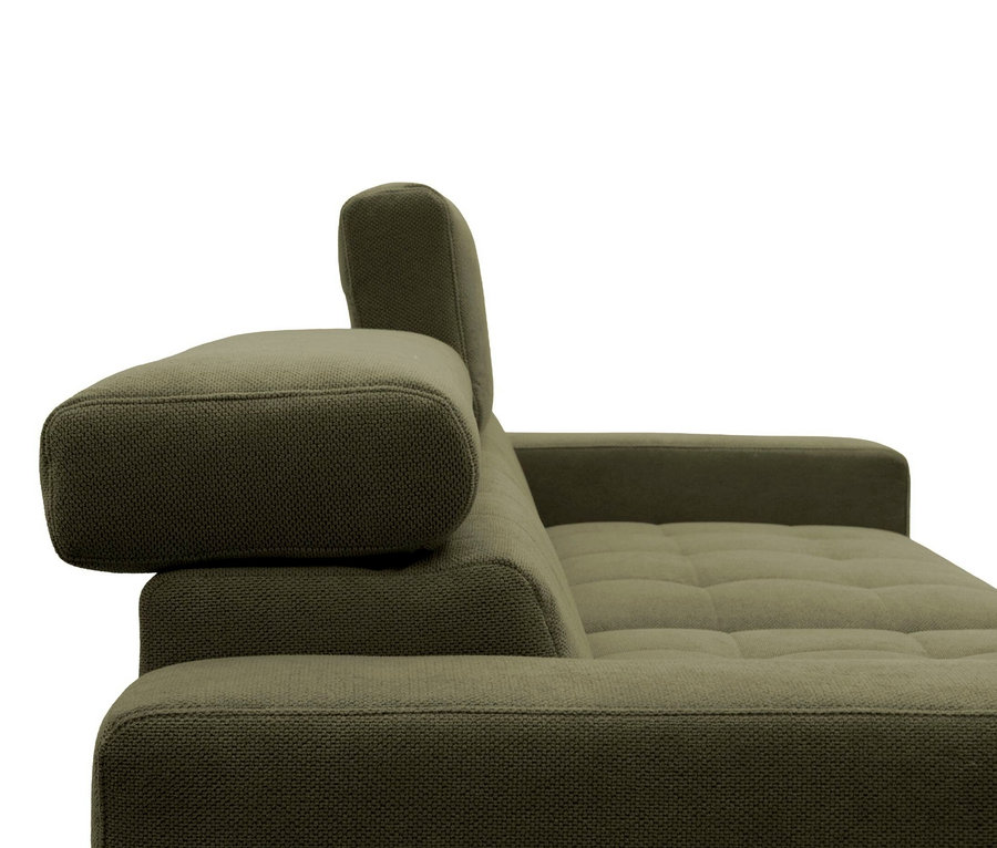 Seitenansicht eines olivgrünen Stoffsofas mit Récamiere und verstellbarer Kopfstütze.