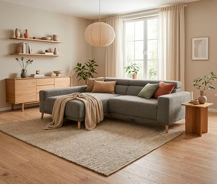 Gemütliches Wohnzimmer mit grauem Ecksofa, beigem Teppich und Holzmöbeln. Ein runder Papierlampenschirm hängt von der Decke.