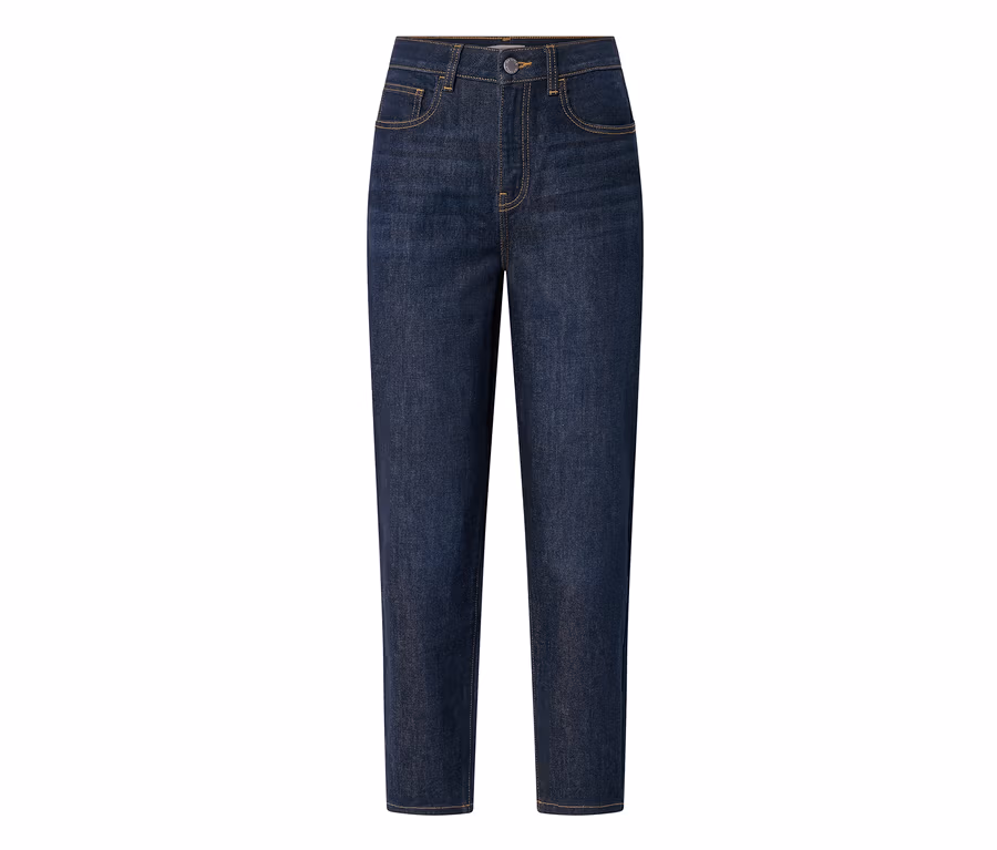 Dunkelblaue High-Waist-Jeans mit Knopfverschluss, Vordertaschen und gelb-orangen Kontrastnähten.