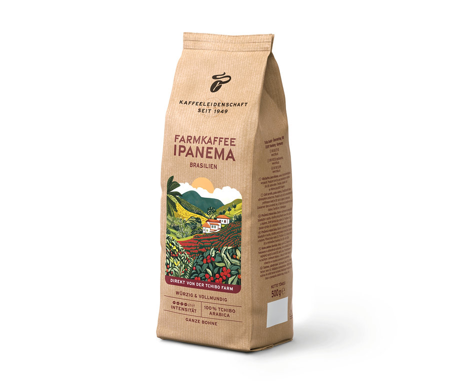 Braune Packung Farmkaffee Ipanema mit 500 g ganzen Bohnen, darauf eine Illustration einer brasilianischen Kaffeeplantage.