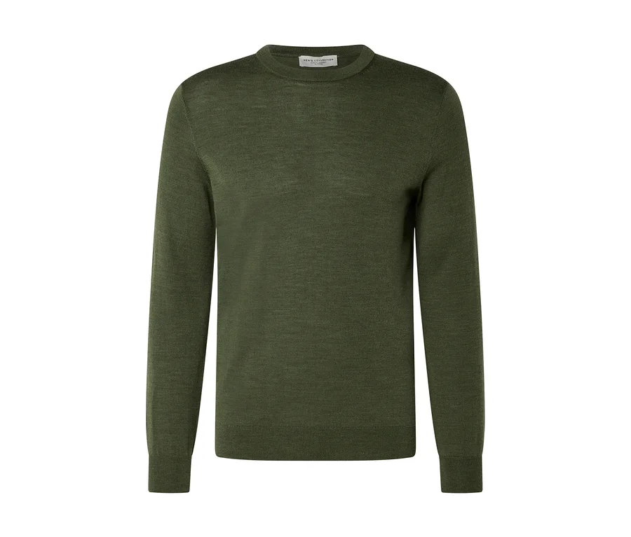 Olivgrüner Pullover mit Rundhalsausschnitt und langen Ärmeln, feingestrickt mit Rippbündchen.