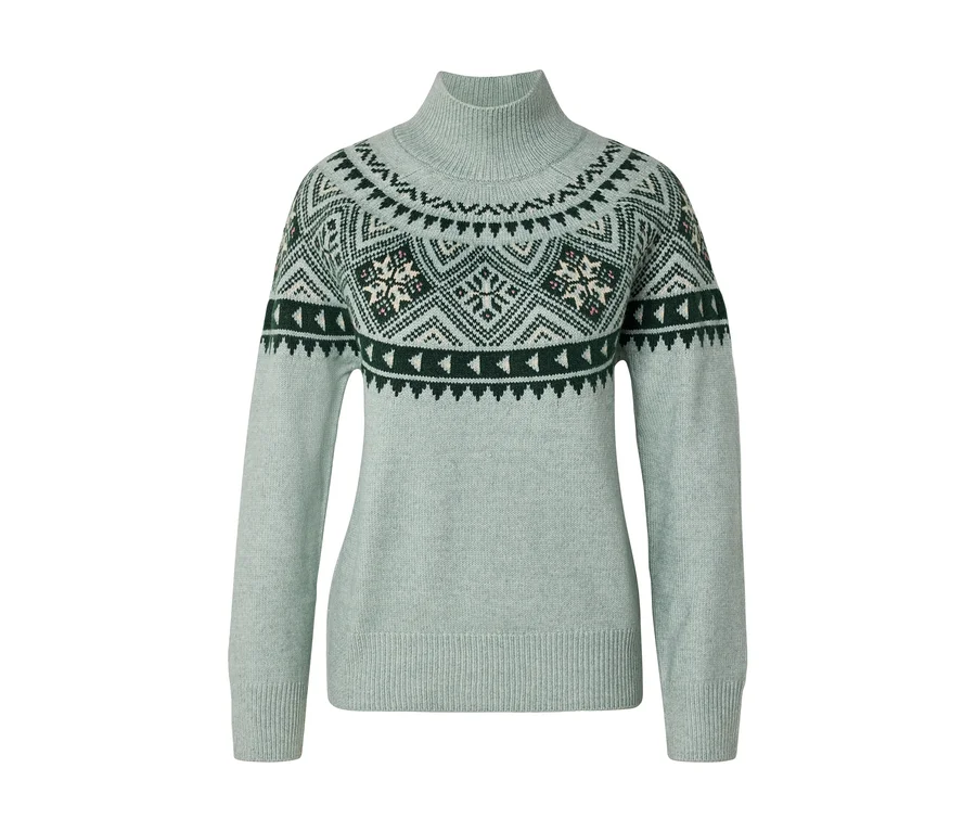 Hellgrüner Rollkragenpullover mit dunkelgrünem, weißem und hellbraunem Fair-Isle-Muster an Schultern und oberem Brustbereich.