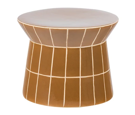 Brauner Hocker mit runder Platte und einem Muster aus hellen Linien, die ein Gitter bilden.
