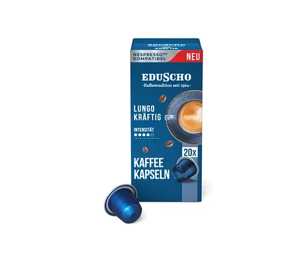 Packung Eduscho Lungo Kräftig - 100 Kapseln und eine Kapsel.