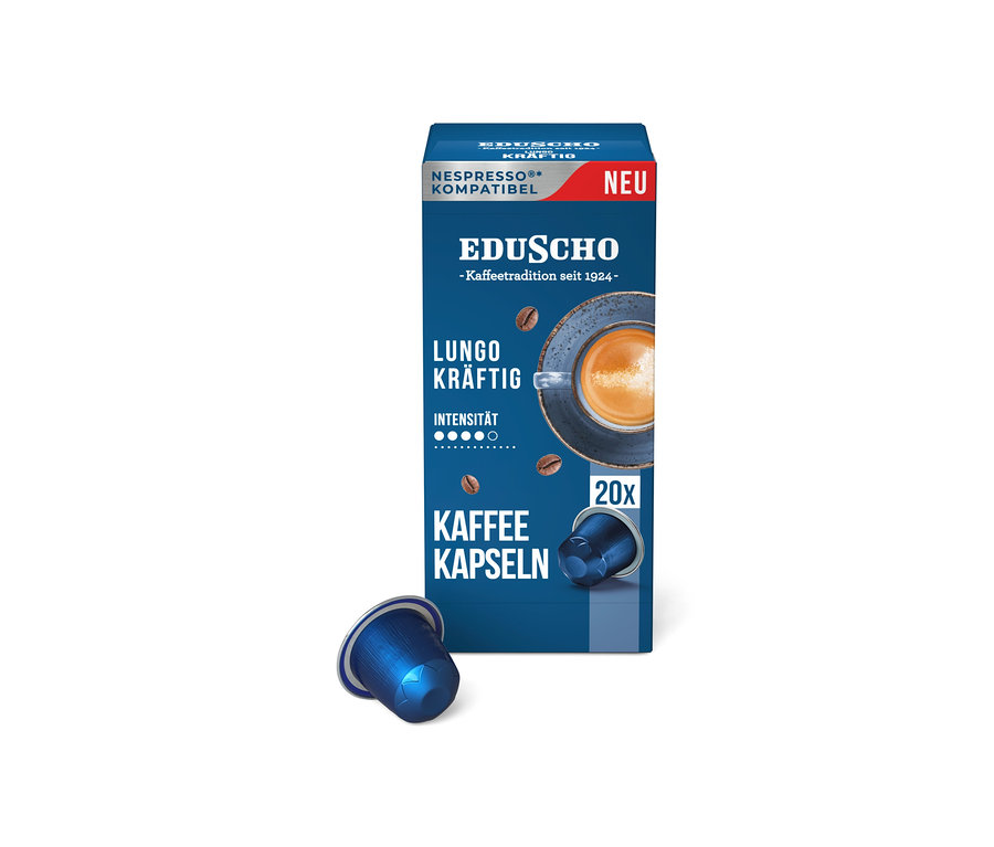 Packung Eduscho Lungo Kräftig - 100 Kapseln und eine Kapsel.