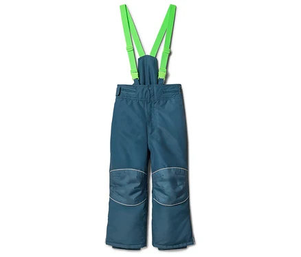 Blaue Schneehose mit leuchtend grünen Hosenträgern und verstärkten Kniebereichen mit reflektierenden Streifen.