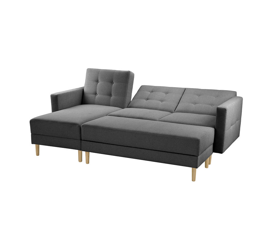 Dunkelgraues Schlafsofa mit Chaiselongue-Element und Holzbeinen, auf weißem Hintergrund.