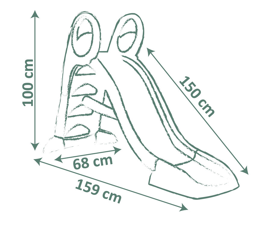 Eine grüne Strichzeichnung zeigt die Maße einer Kinderrutsche mit 100 cm Höhe, 150 cm Länge und 159 cm Gesamtbreite.