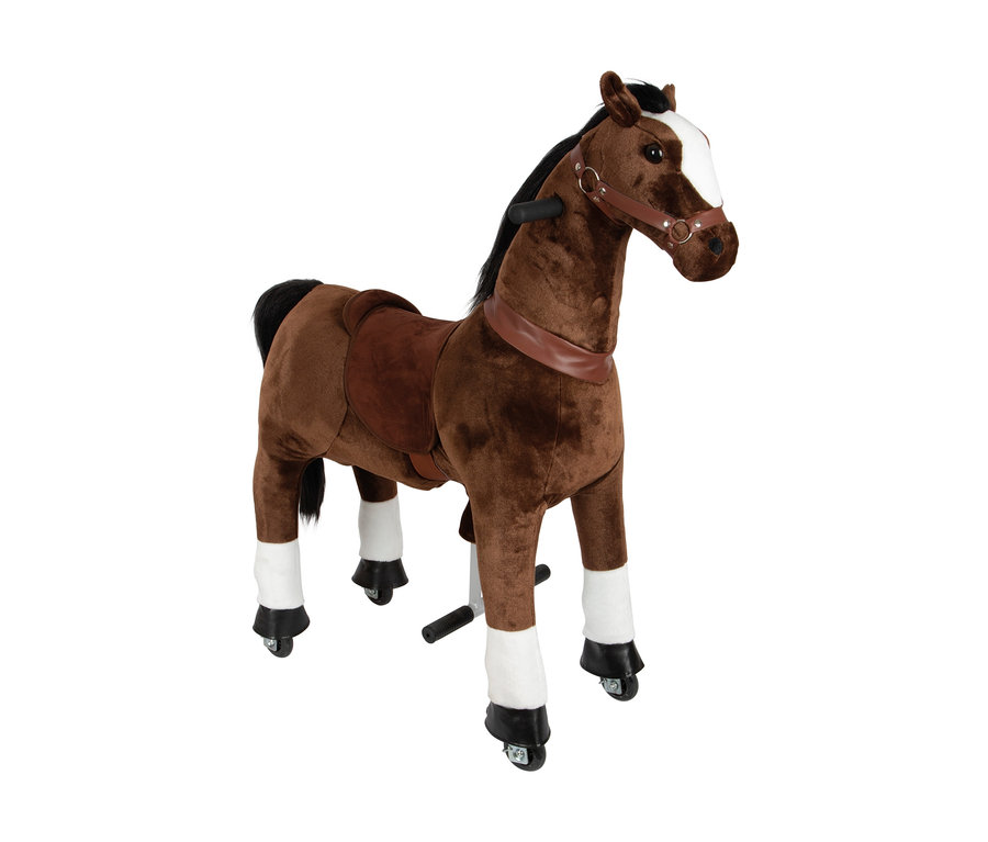 Braunes small foot Reitpferd auf Rollen mit schwarzer Mähne, weißer Blesse, braunem Sattel und Zaumzeug.