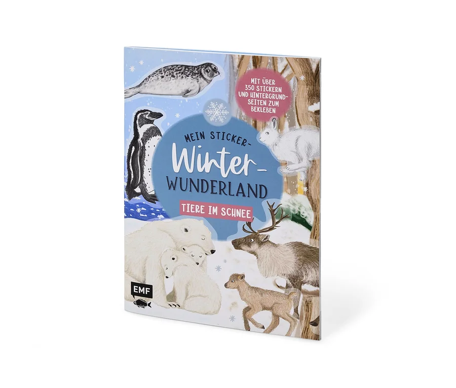 Cover des Stickerbuches „Mein Sticker-Winter-Wunderland »Tiere im Schnee«“ mit Robbe, Pinguin, Eisbärenfamilie, Rentieren und Hase in einer Schneelandschaft.