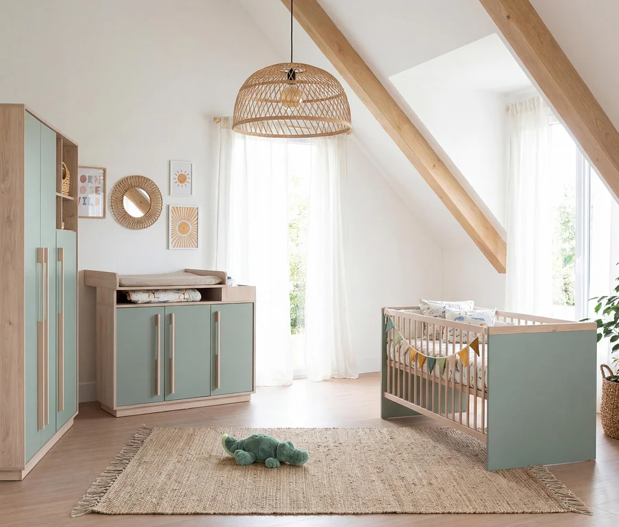 Helles Kinderzimmer mit einem Roba 3-teiligen Kinderzimmer-Set »Selva« in Reed Green und Virginia Chestnut, bestehend aus Kleiderschrank, Wickelkommode und Babybett. Ein Krokodil-Stofftier liegt auf einem Jute-Teppich.