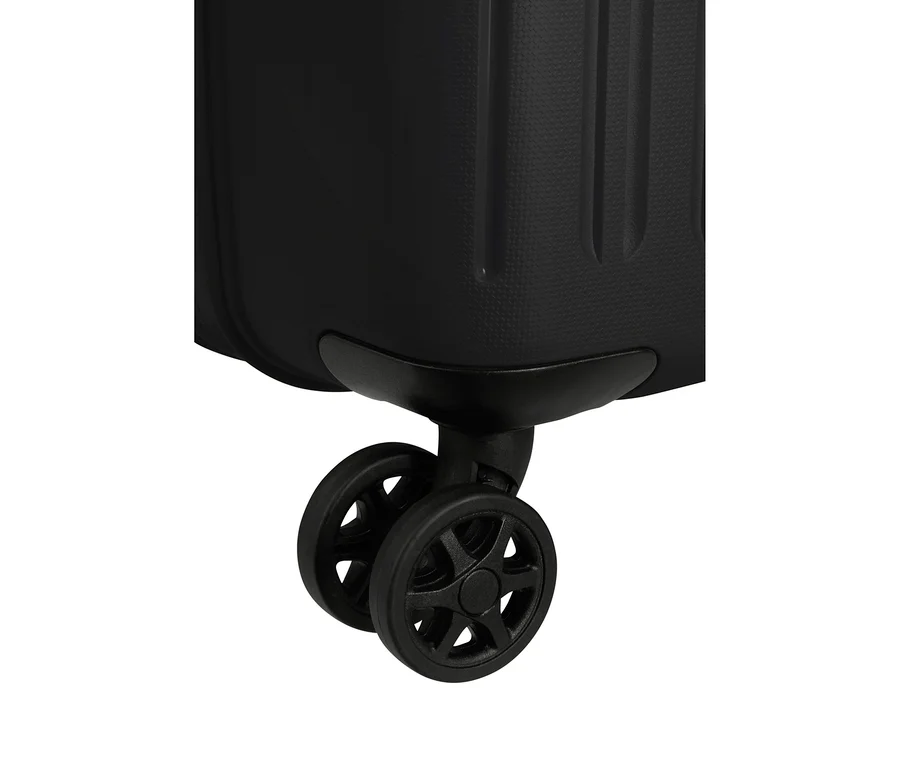 Schwarze Rollen des American Tourister Rejoy Spinner Koffers auf weißem Hintergrund.