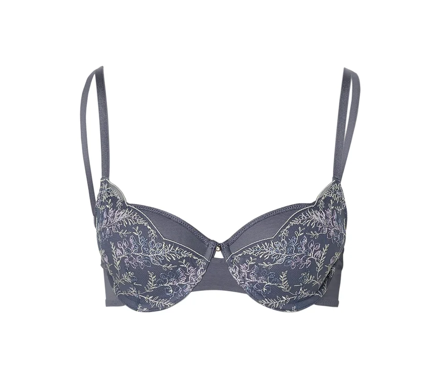 Grauer BH mit floraler Stickerei.