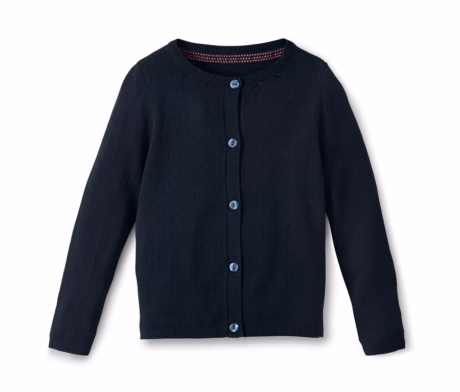 Dunkelblaue Strickjacke mit Ajourmuster.