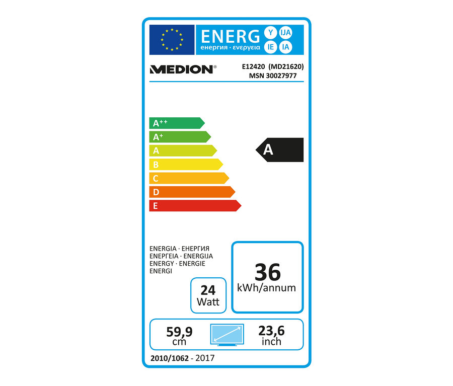 Energieetikett für MEDION®-LIFE®-23,6"-Full-HD-TV mit DVD-Player, Klasse A, 36 kWh/Jahr.
